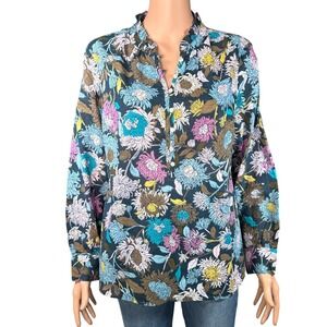 Talbots Petite Floral Cotton Henley Blouse Ruffle Neck Teal Multi LP NEW